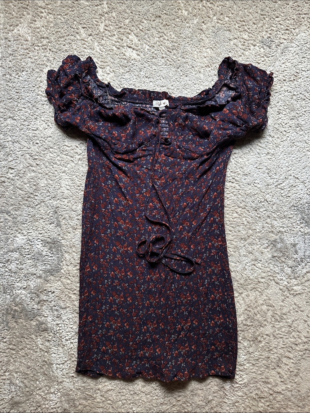 Floral Off-Shoulder Mini Dress in Navy with Rust Floral Print